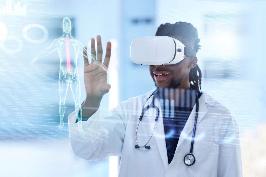 Doctor in a white coat wearing a virtual reality headset and reaching towards a projected anatomical display.
